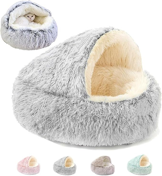 Keep Warm Lapcatz Nest Bed, Cat Bed Round Fluffy Hooded Cat Bed Cave, Anti-Slip Bottom and Machine Washable,Removable Washable Round Beds for Small Medium Pets (Grey,80cm/31.5inch)