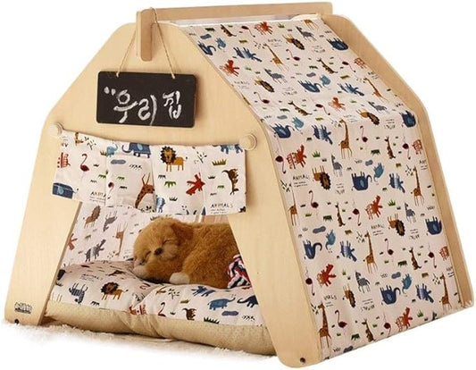 Pet beds, Pet Bed Tent Wooden Dog House Pet Bed Cat Bed Yurt Washable Kennel Cat Litter Small(53x58x50cm)