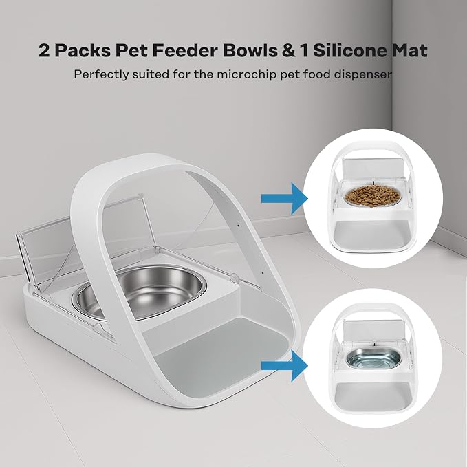 Stainless Steel Bowl for Automatic Microchip Cat Pet Feeder,2 Bowls & 1 Mat Set