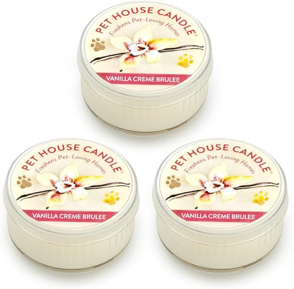 Pet House Mini Candles for Pet Odor Made with Natural Soy Wax, Plant Based, Dog and Cat Friendly Scented Candles, Vanilla Creme Brulee Pack of 3