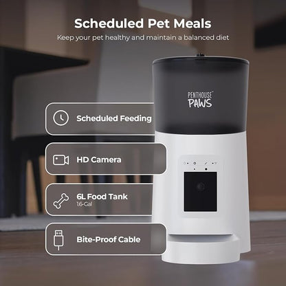 Smart HD Pet Feeder, 6L Dry Food Capacity, 1080p Camera, 2-Way Audio, Scheduled Meals, Backup Power, Easy to Clean, Anti-Jam Design for Cat & Dog, White