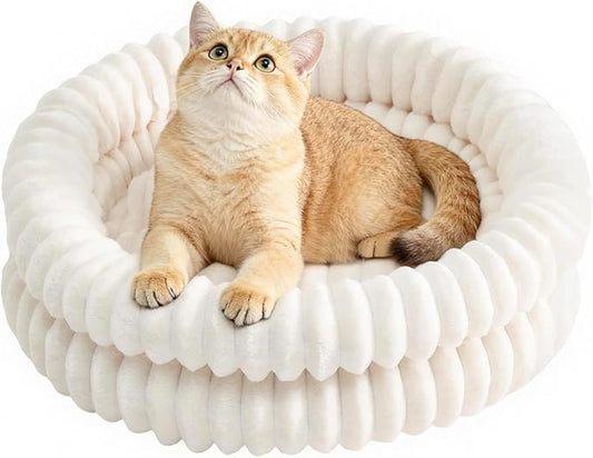 Cat Beds for Indoor Cats, Machine Washable Orthopedic Donut Dog Bed for Small Dogs, Fluffy Round Pet Bed with Anti-Slip Bottom for Puppy and Kitten, White, 20"x20"x6.5"