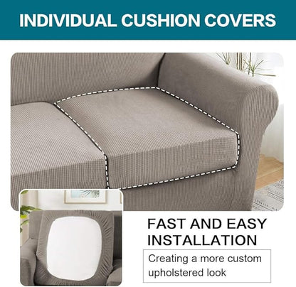 Turquoize 4 Piece Sofa Covers for 3 Cushion Couch Sofa Slipcover Soft Couch Cover for Dogs Washable Furniture Cover with 3 Individual Large Cushion Covers Feature Fabric (Large Sofa, Taupe)