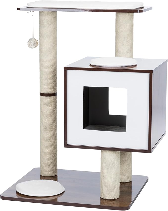 Trixie 31-in Inola Wooden Cat Tree, Jute Scratching Posts, Cat Condo with Cushion, Removable Cozy Pads, Dangling Cat Toy, Walnut
