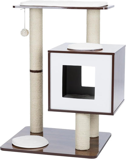 Trixie 31-in Inola Wooden Cat Tree, Jute Scratching Posts, Cat Condo with Cushion, Removable Cozy Pads, Dangling Cat Toy, Walnut