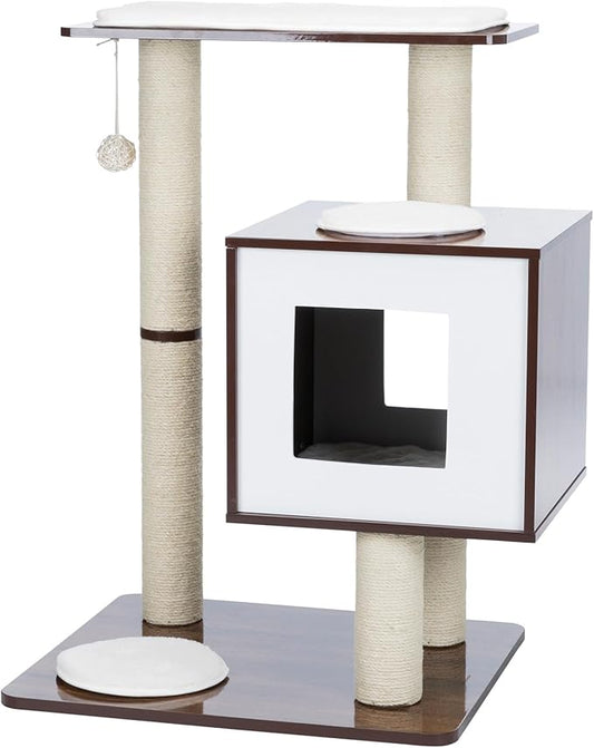 Trixie 31-in Inola Wooden Cat Tree, Jute Scratching Posts, Cat Condo with Cushion, Removable Cozy Pads, Dangling Cat Toy, Walnut