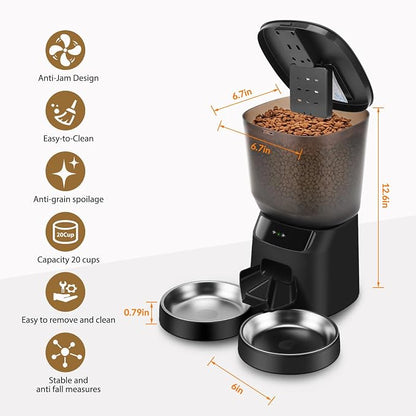 Automatic Cat Feeders for Two Cats, 5L/20 Cups Double Automatic Cat Food Dispenser with 2 Stainless Bowls, Timer Setting 20 Portions 6 Meals Per Day, 10s Meal Call (WiFi丨 Black)