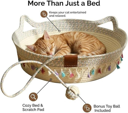 Large Cat Bed Basket Round Cotton Rope Woven,Cat Bed for Indoor with Toy Ball, Suitable for Small and Medium Pets, 18.9" L x 18.9" W x 6" Th (with Tassels)