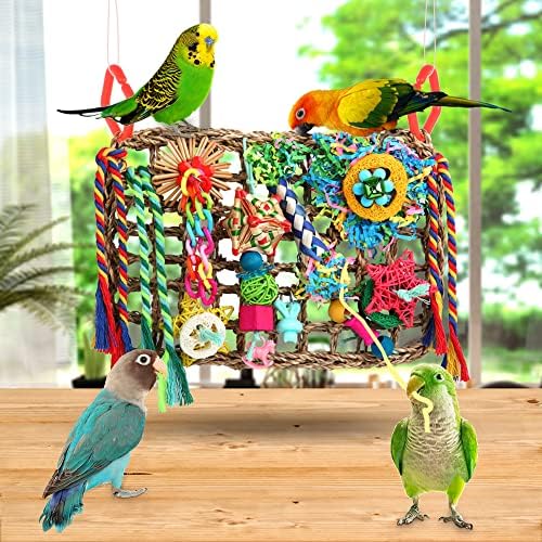 Foraging Toys for Parakeets Cockatiel Conures Lovebirds - Seagrass Wall with Various Bird Toys