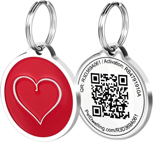 Pet Dwelling QR Code Pet ID Tag – Smart Dog & Cat ID Tags for Pet Safety, Free Personalized Online Profile, Instant Scan Alerts, AI Insights (Red Heart)