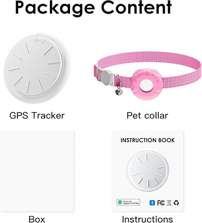 Cat Tracker, MINI GPS Tracker, Compatible with Apple Find My App(Only iOS), Waterproof Cat Trackers Collar with Bell and Safety Elastic Buckle, No Monthly Fee,Pink