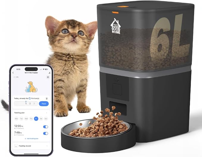 Automatic Cat Feeder, 6L Timed Dry Food Dispenser for Cats and Dogs, App Control, Portion Control, Scheduled Daily Meals, Up to 10 Meals Daily.