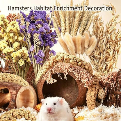 Natural Hamster Flower & Herb Habitat Deocr, Edible Hamster Sprays Flowers Bedding Mate, Hamsters Cage Enrichment Decoration Accessories for Gerbil Dwarf Syrian Hamsters Guinea Pig Mice