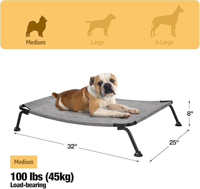 Veehoo Outdoor Elevated Dog Bed, Cooling Raised Dog Cots Beds for Medium Dogs, Portable Waterproof Curved Dogs Hammock Bed for Outside, up to 100lbs, Black Legs, Black Silver 32"