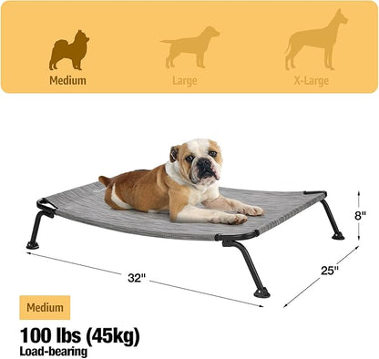 Veehoo Outdoor Elevated Dog Bed, Cooling Raised Dog Cots Beds for Medium Dogs, Portable Waterproof Curved Dogs Hammock Bed for Outside, up to 100lbs, Black Legs, Black Silver 32"