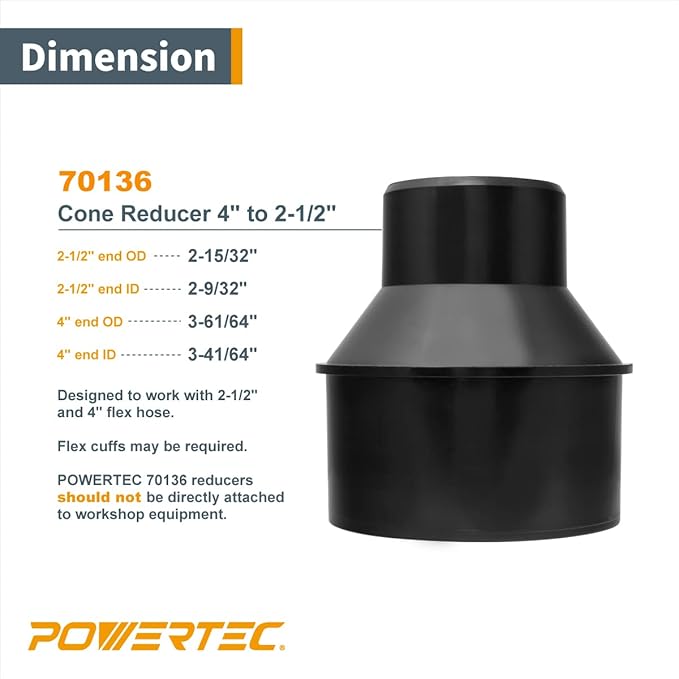 POWERTEC 70338 4-inch Hose to 2-1/2 inch Hose Cone Reducer w/Key Clamp Set