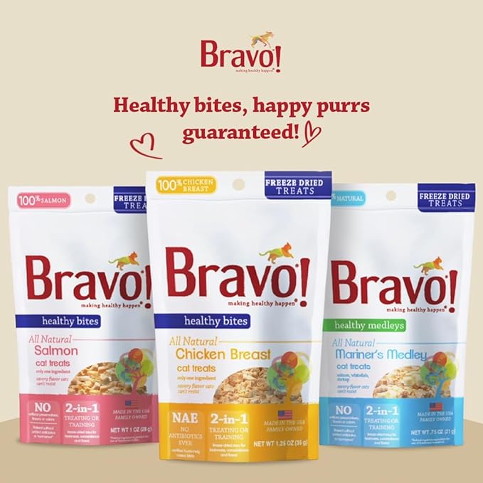 Bravo! Healthy Medleys Mariner's Medley Freeze Dried Cat Treats, Salmon, Whitefish and Shrimp, 0.75 Ounce, Grain Free, Gluten Free