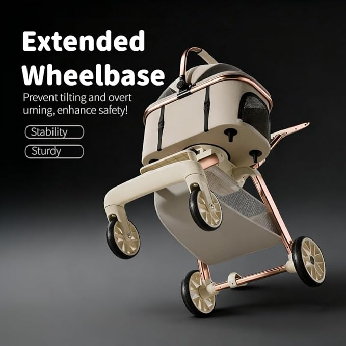 All-Terrain Pet Stroller for Small Medium Dogs & Cats, 20 lbs Capacity - Portable Carrier with One-Touch Brake, Lightweight Foldable Design & Shock Absorption Wheels,Beige