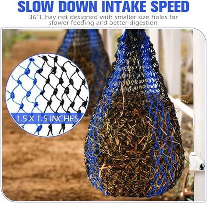 2 Pcs Slow Feed Hay Bag 36 Inch Ultra Slow Hay Feeders 1.5 x 1.5 Inch Holes Hay Nets for Horses Goat Livestock Horse Supplies, Black and Blue