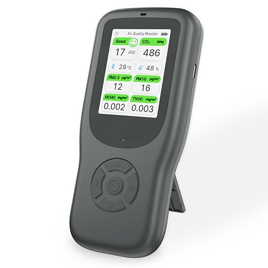 11-in-1 Air Quality Monitor - Portable Indoor Air Quality Detector with Stand, Real-Time Test for AQI, CO2, PM2.5, PM1.0, PM10, TVOC, HCHO, Particles, Temperature & Humidity with Aler (Black-White)
