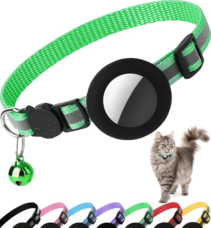Airtag Cat Collar Breakaway, Cat Collar with Air Tag Holder(Green) | Safety Breakaway Buckle, Reflective Strip, Lightweight, Bell, 0.4 Inches in Width, Adjustable Size to Fit Different Cats