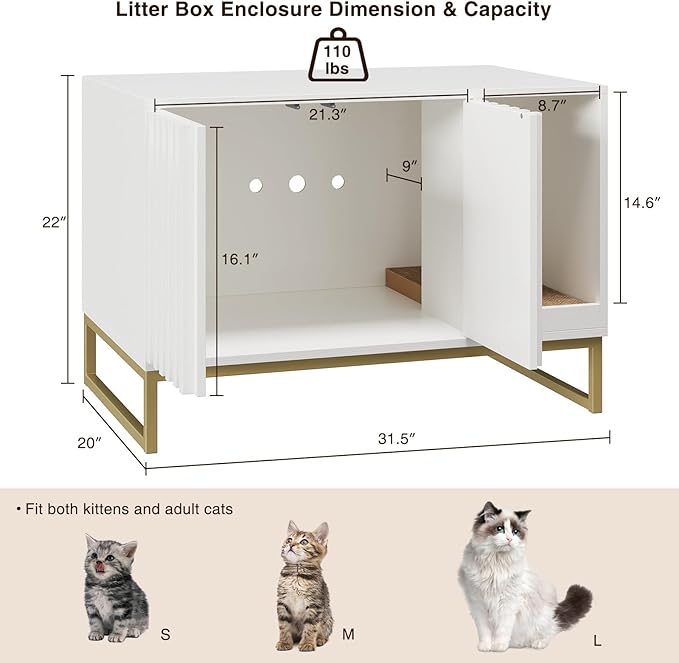 Halitaa Litter Box Enclosure, Modern Cat Litter Box Furniture Hidden Litter Box with Scratch Pad, Cat Washroom House End Table, Entryway Bench for Livingroom (White)