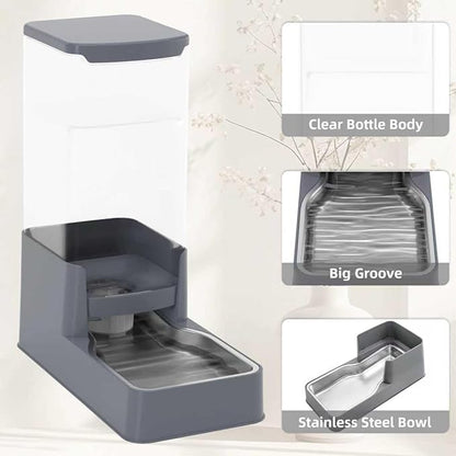 Stainless Steel Cat Feeder and Water Dispenser,Gravity Waterer & Food Feeder Set with Stainless Steel,Large Capacity Pet Food Bowl for Small Medium Dog Pets Puppy Kitten(Grey,1 Gallon)