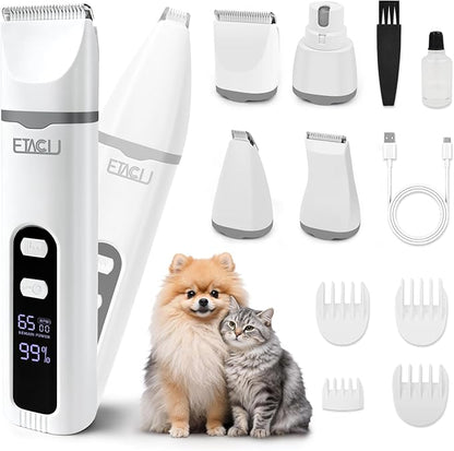 ETACCU 4 in 1 Dog Clippers Grooming Kit with LED Display, Cordless Dog Quiet Hair Trimmer for Paw Nail Grinder, Rechargeable 2-Speed Cat Clippers Face Shaver for Paw Nail Body Ear