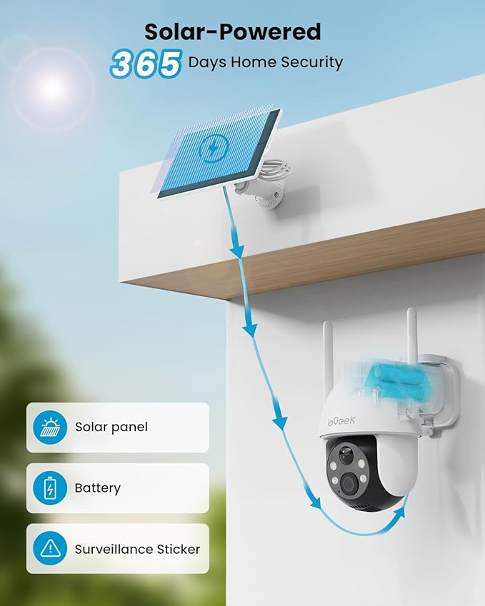 ieGeek Solar Security Cameras Wireless Outdoor, 2K WiFi Camera for Home Security System, Battery Powered Surveillance Cam with 360°PTZ Color Night Vision, PIR Motion Sensor, Works with Alexa (2 Pack)