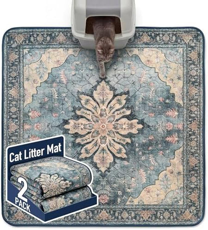 Hompet Cat Litter Mat 2 Pack, 54x54 Large Machine Washable Trapping Mats for Cats, Super Absorbent & Urine-Proof Cat Litter Box Mat for Floor, Waterproof & Non Slip Kitty Litter Rug