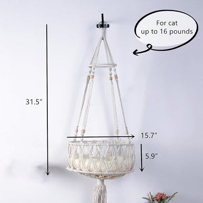 SHENGOCASE Macrame Cat Hammock with Wall Hook and 3 Steps, Wall Mounted Hanging Bed, Indoor Cat Furniture