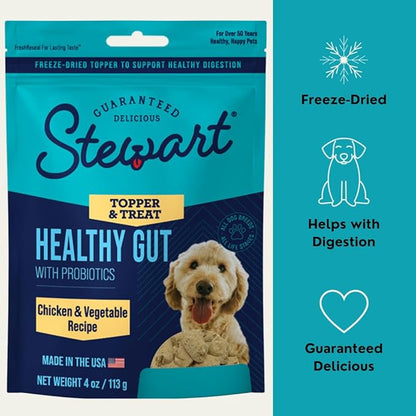 Stewart Freeze Dried Dog Food Topper, Healthy Gut, Chicken and Vegetable Recipe, 4 Ounce Pouch, with Live Cultures for Enhanced Digestion