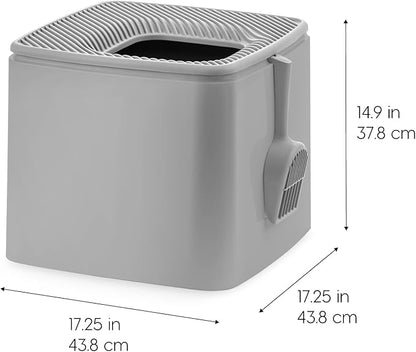 IRIS USA Cat Litter Box Top Entry with Scoop, Covered Dog Proof Litter Box Design, Enclosed Square Style Litterbox with Odor Control, Easy to Clean for Cats, Gray