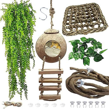 Lizard Coco Den with Ladder,Leopard Gecko Coconut Husk Hut Hideout Home Reptile Hammock Climbing Hanging Plants Decor Habitat Tank Accessories for Bearded Dragon Snake Chameleon