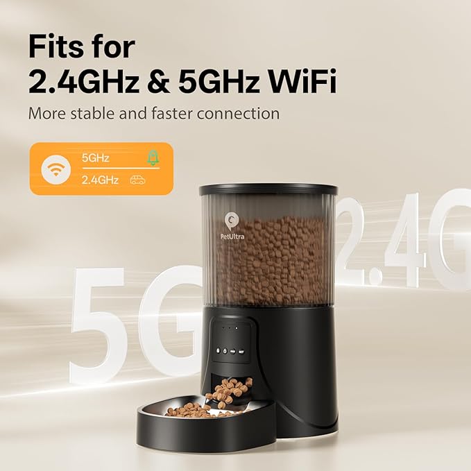 PETULTRA Automatic Cat Feeder WiFi- 5Ghz Cat Food Dispenser with APP Remote Control- Auto Pet Feeder for Small Dog Indoor- Easy to Set Up and Clean- Dual Power with Desiccant Bag& Stainless Steel