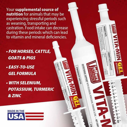 Jeffers Vita-Min Gel for Livestock & Horses – Multivitamin & Mineral Supplement with Selenium, Zinc, Potassium & Turmeric – Easy Oral Gel for Cattle, Goats, Sheep & Pig – 30 cc Tube - 6 Pack
