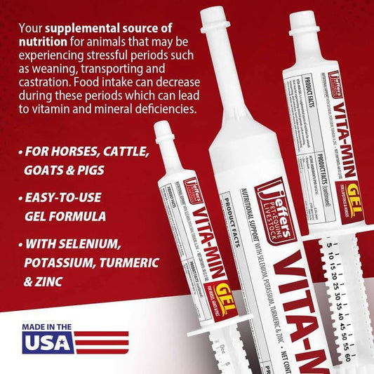 Jeffers Vita-Min Gel for Livestock & Horses – Multivitamin & Mineral Supplement with Selenium, Zinc, Potassium & Turmeric – Easy Oral Gel for Cattle, Goats, Sheep & Pig – 30 cc Tube - 12 Pack