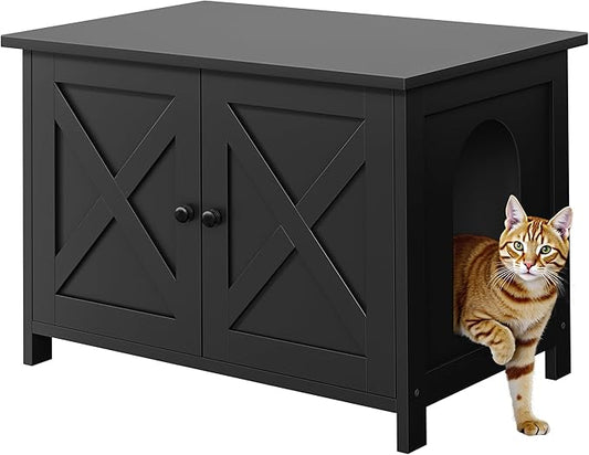 Shintenchi Cat Littler Box Enclosure, Litter Box Furniture Hidden with Removable Divider, Cat House with End Table, Black, 31.5 inch