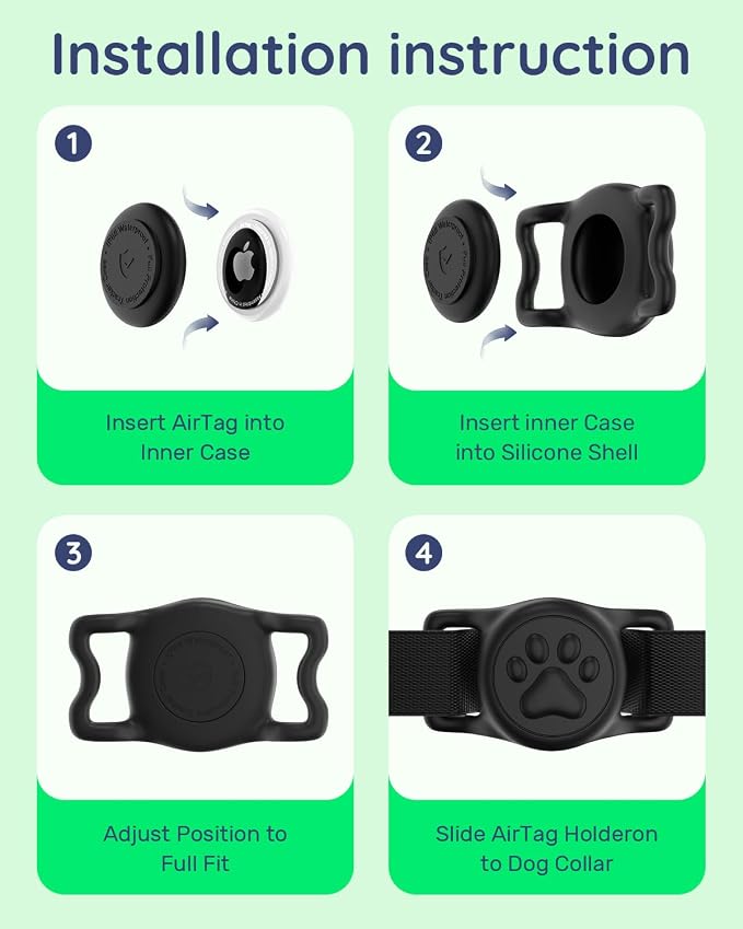 IP68 Waterproof Dog AirTag Holder for Dog Collar, Soft, Stretchy Silicone | Full-Body Protection, Easy Tool-Free Installation, Quiet, No-Dangle Fit, Lightweight, Fits Dog & Cat Collars of All Widths