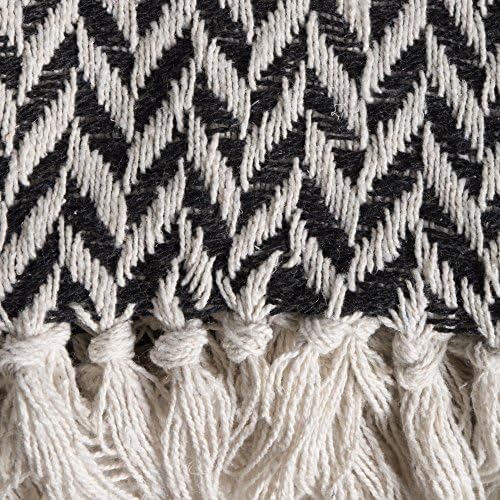 DII Modern Zig Zag Throw Blanket Woven Cotton, Hand-Knotted 2.5" Fringe, 50x60, Black