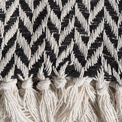 DII Modern Zig Zag Throw Blanket Woven Cotton, Hand-Knotted 2.5" Fringe, 50x60, Black