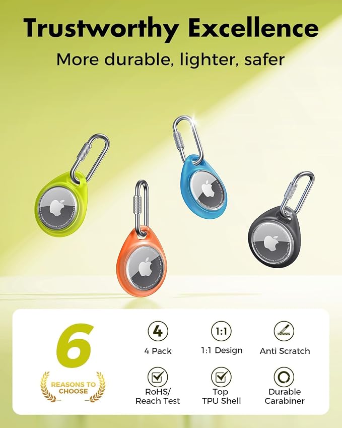 UNBREAKcable for AirTag Holder Case with Professional Carabiner, 4 Pack | Waterproof, Shockproof, Hold Securely, Easy to Install, Protective AirTag Keychain for Keys, Pets, Luggage-4 Trans Colors