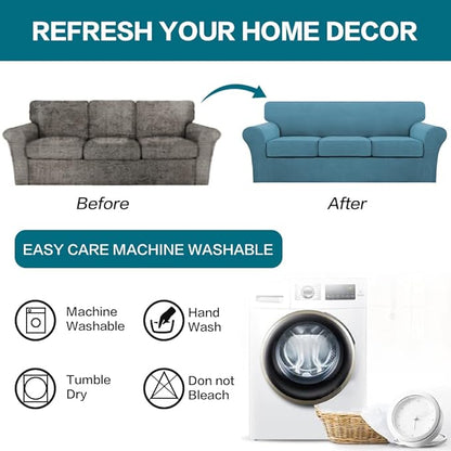 Turquoize 4 Piece Sofa Covers for 3 Cushion Couch Sofa Slipcover Soft Couch Cover for Dogs-Washable Sofa Furniture Covers with 3 Individual Cushion Covers, Jacquard Fabric (3 Cushion Sofa, Storm Blue)