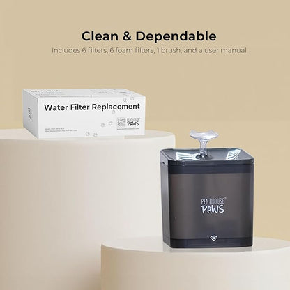 Penthouse Paws Smart Cat Water Fountain Filter Replacement Set, 6 Carbon Filters + 6 Foam Sponges, 5-Layer Filtration, Compatible with 2.2L / 74oz, Adjustable Pet Fountain Filters.