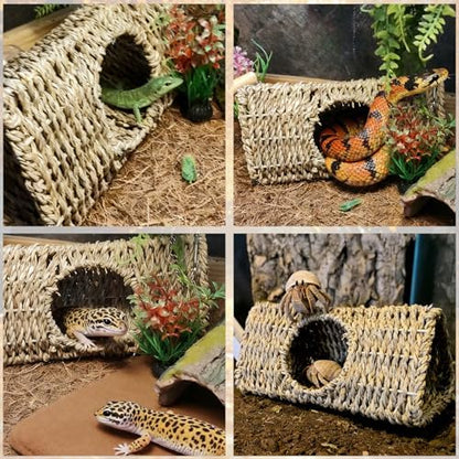 Hanging Reptile Hide Cave,Natural Seagrass Fiber Bearded Dragon Hammock Hideout,Reptile Shelter Sleeping Cave Swing Climbing Toys Terrarium Decor for Lizard Gecko Hermit Crabs(Triangle S)