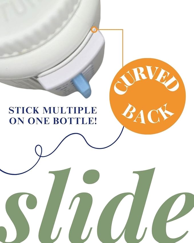 TAKE-N-SLIDE Peel and Stick Reusable for 12 + Refills, Pill/Medication/Vitamin/Pet Med Tracker & Reminder, Attach to Your Bottle, Organizer-Free, Curved‑Back (White, 5-Pack)