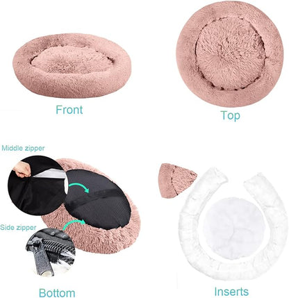 SAVFOX 54 inches Calming Donut Dog Bed - 3X Durable Plush Faux Fur, Machine Washable & Non-Slip, Fits up to 210 lbs, Removable Cover, Pink