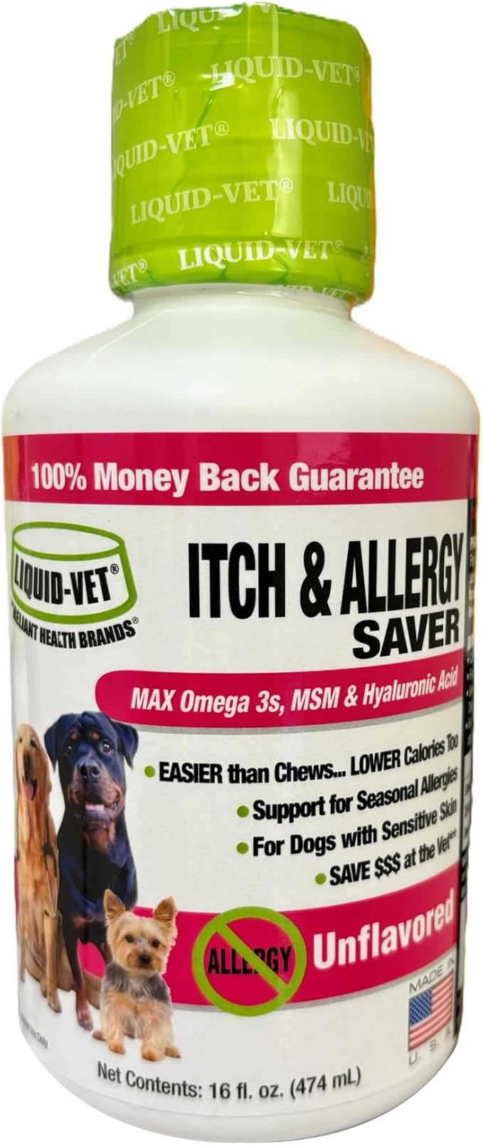 LIQUID-VET K9 Itch & Allergy Advanced Formula, AntiItch & Allergy Support with Omega3s Fish Oil, MSM, Vitamin E, and Hyaluronic Acid Dog Care Essentials for Dry, Sensitive Skin