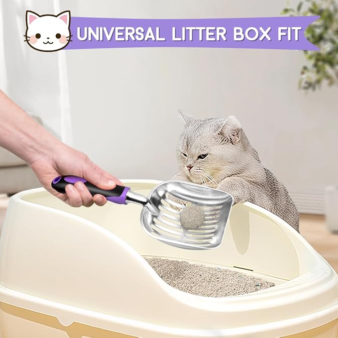 Showvigor Cat Litter Scoop, Metal Cat Scooper, Rubber Handle Scoop, Sifting Shovel – Heavy Duty Aluminum Alloy Litter Box Scoop with Deep Mesh, Design for Easy Waste Removal and Cleaning(Purple)