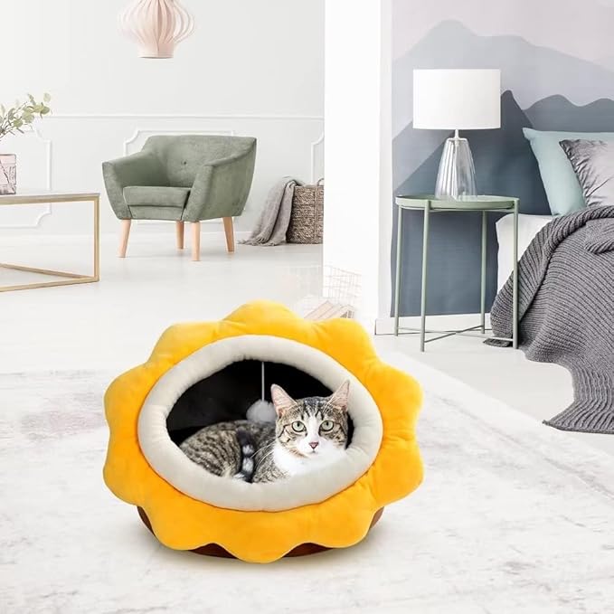 Cat Beds for Indoor Cats - Small Cat Bed with Anti-Slip Bottom, Sunflower-Shaped Cat/Dog Cave with Hanging Toy, Puppy Bed with Removable Cotton Pad, Super Soft Calming, Multiple Sizes(Brown M)
